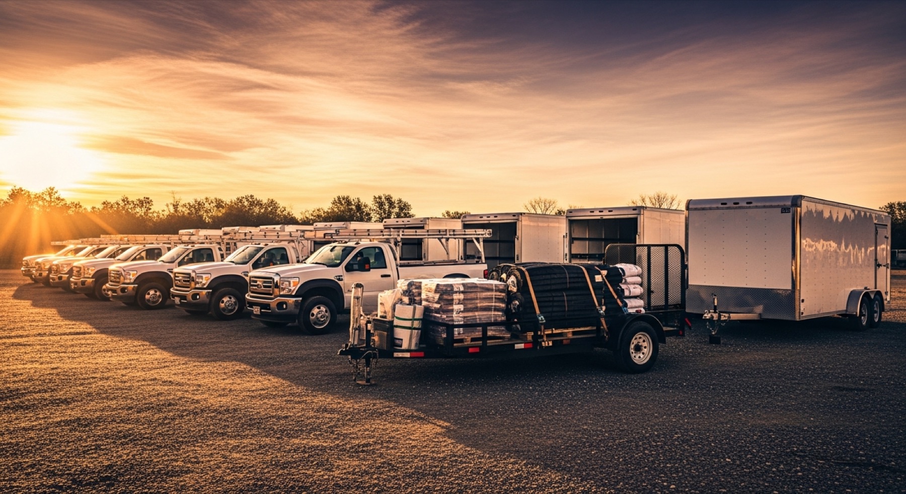 Fleet of branded roofing trucks at dawn